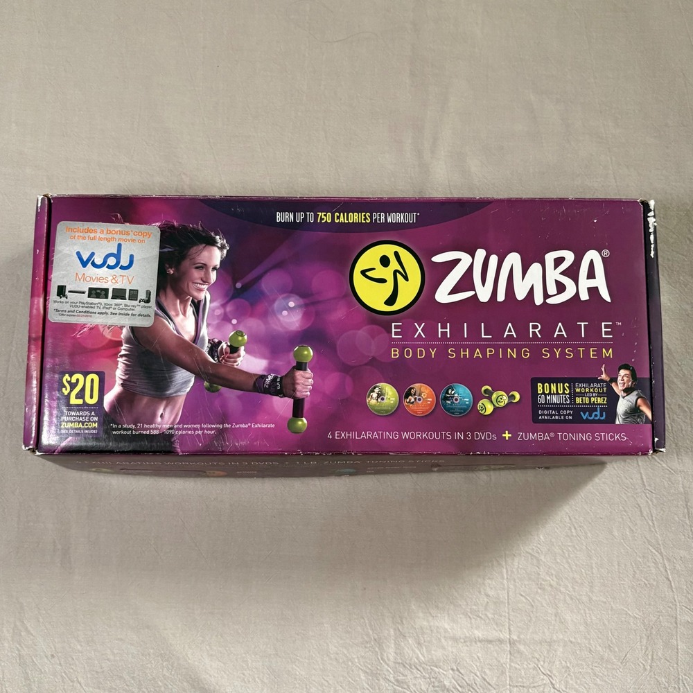Zumba Exhilarate Body Shaping System 3 DVD Set with 1lb Toning Sticks Workout